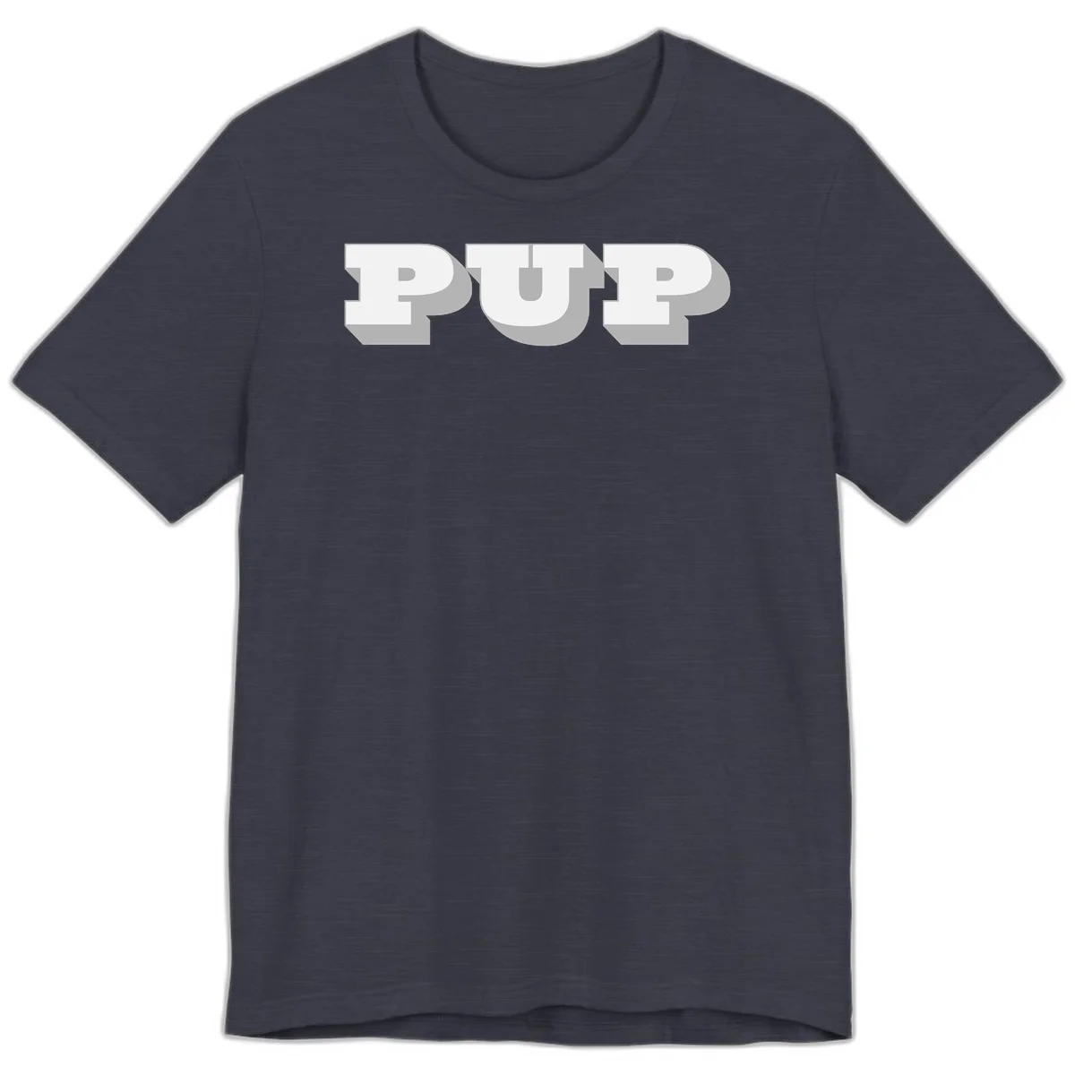 Bold 3D puff typography spelling 'PUFF' with dimensional shadow effect on gray background in Heather Midnight Navy