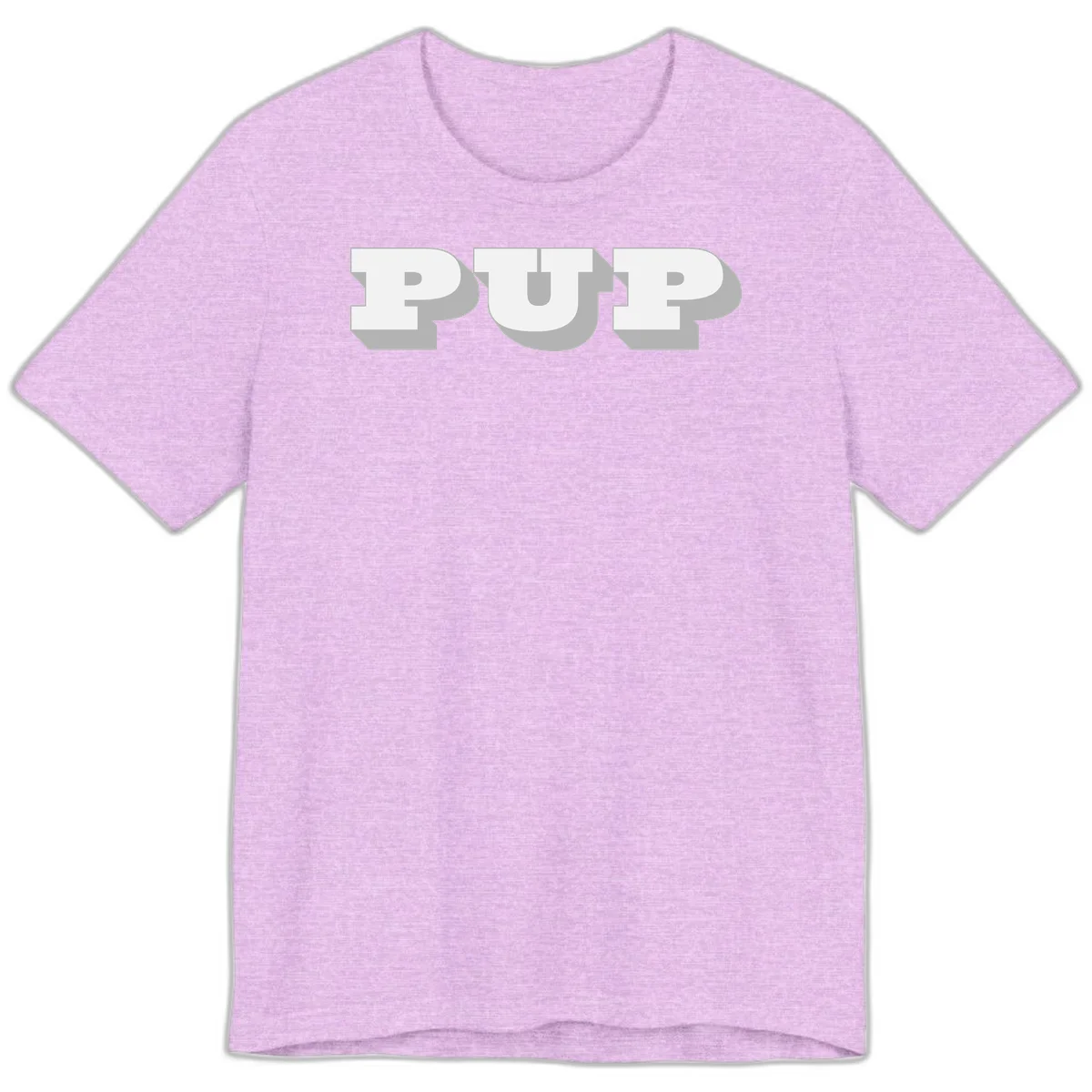 Bold 3D puff typography spelling 'PUFF' with dimensional shadow effect on gray background in Heather Prism Lilac