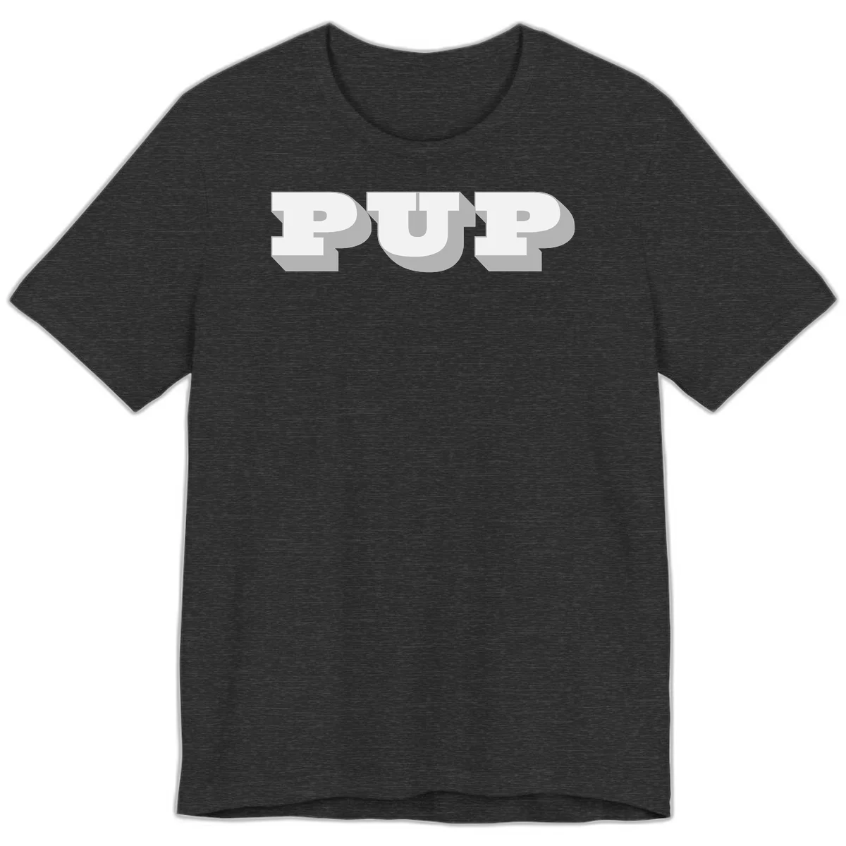 Bold 3D puff typography spelling 'PUFF' with dimensional shadow effect on gray background in Dark Grey Heather
