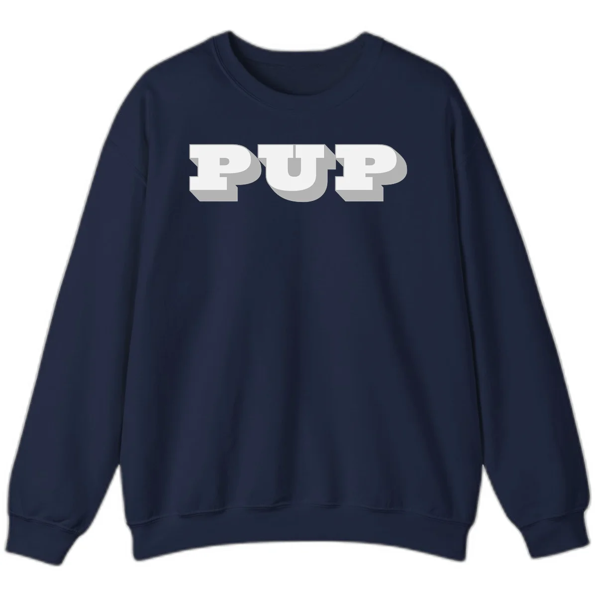Bold 3D puff typography spelling 'PUFF' with dimensional shadow effect on gray background in Navy