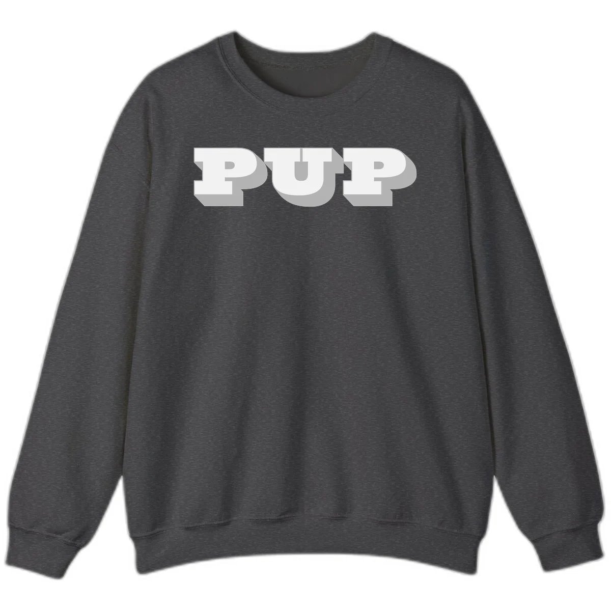 Bold 3D puff typography spelling 'PUFF' with dimensional shadow effect on gray background in Dark Heather