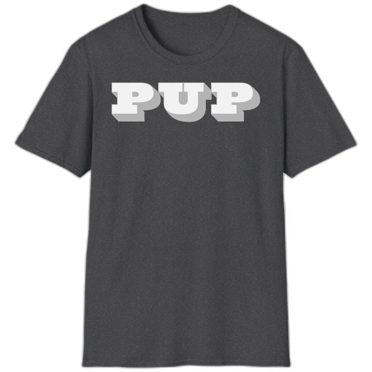 Bold 3D puff typography spelling 'PUFF' with dimensional shadow effect on gray background in Dark Heather