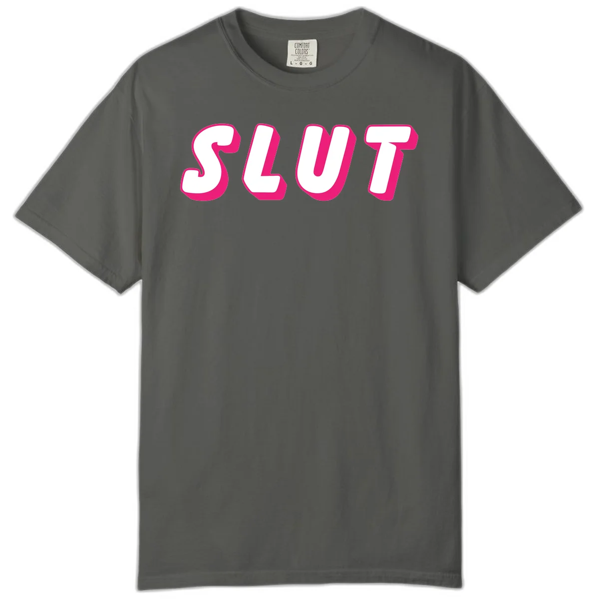 Bold magenta 3D block letters spelling 'SLUT' on gray background, slut-pride-statement design in Pepper