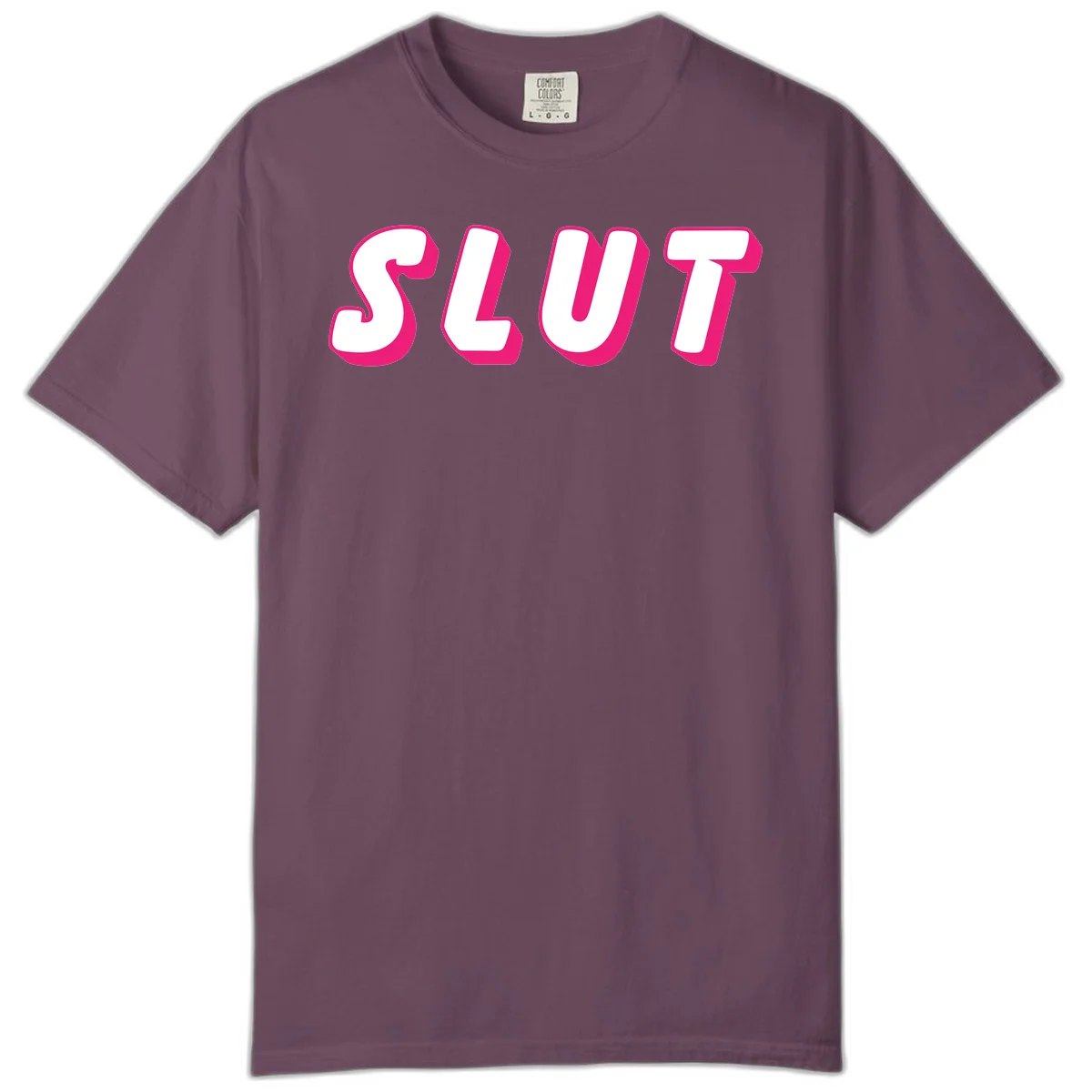 Bold magenta 3D block letters spelling 'SLUT' on gray background, slut-pride-statement design in Berry