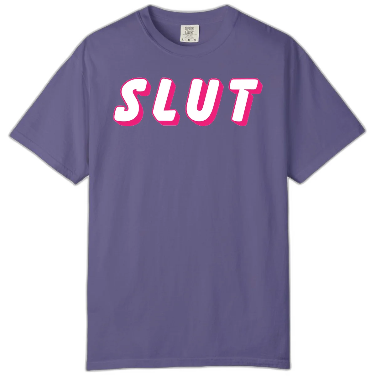 Bold magenta 3D block letters spelling 'SLUT' on gray background, slut-pride-statement design in Grape