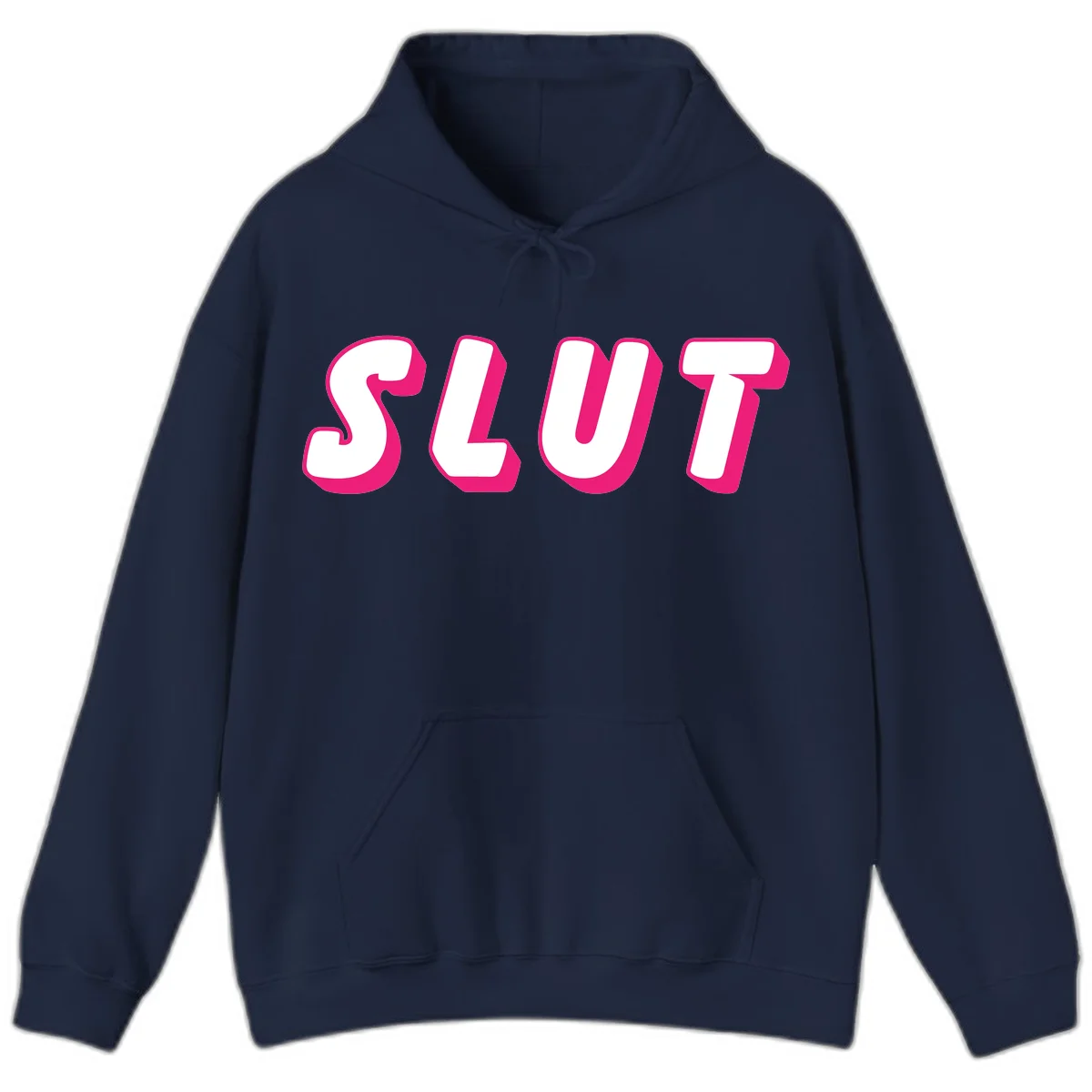 Bold magenta 3D block letters spelling 'SLUT' on gray background, slut-pride-statement design in Navy