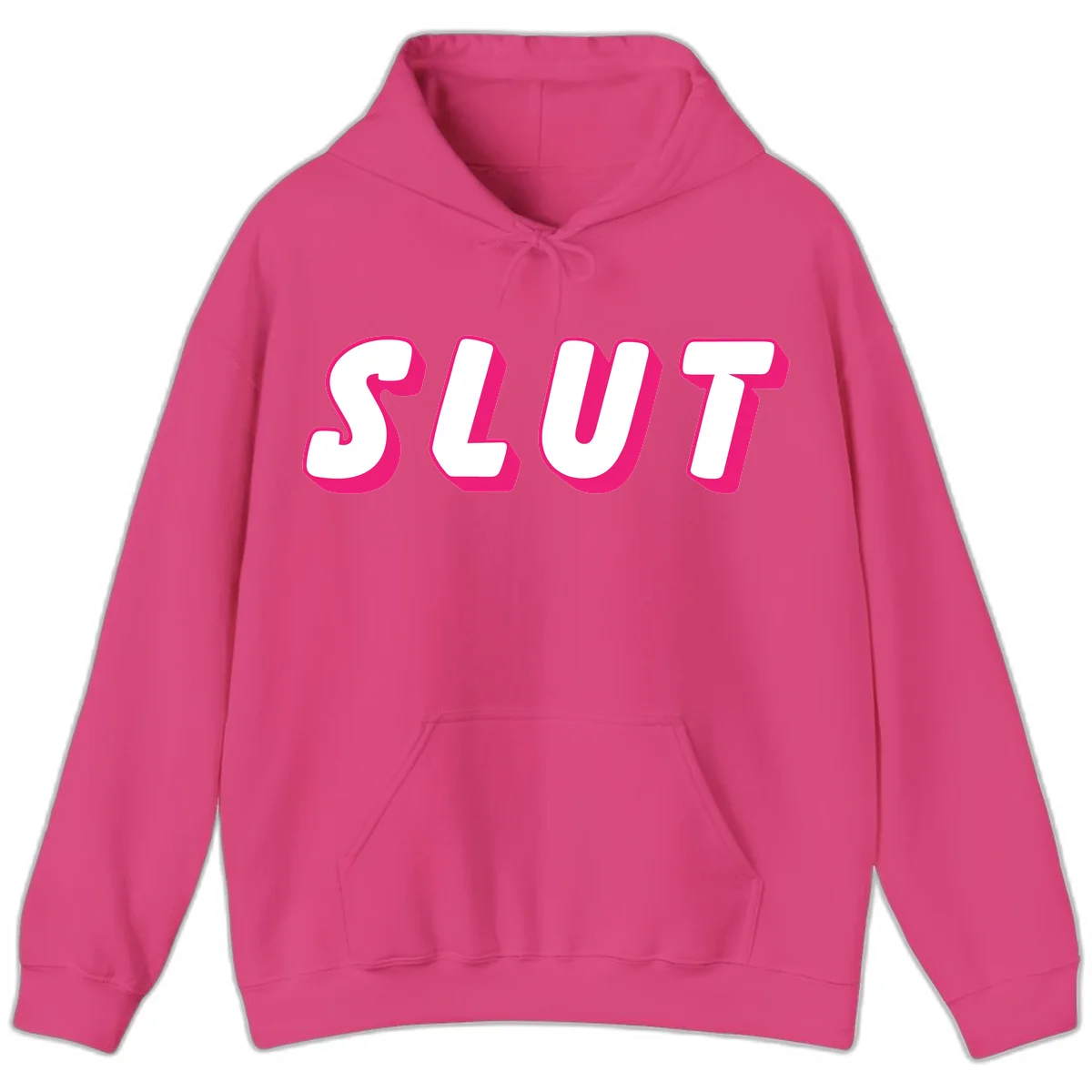 Bold magenta 3D block letters spelling 'SLUT' on gray background, slut-pride-statement design in Heliconia
