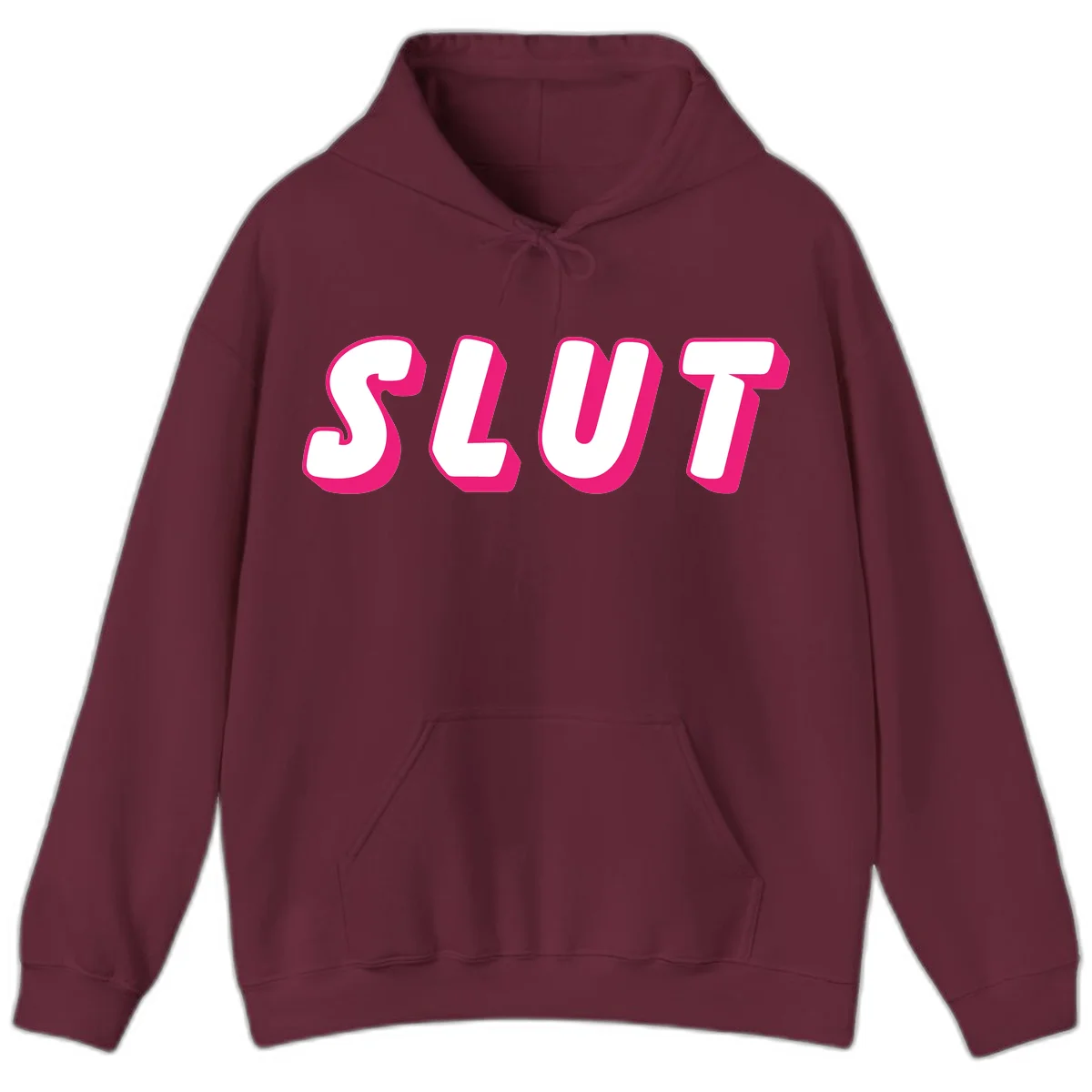 Bold magenta 3D block letters spelling 'SLUT' on gray background, slut-pride-statement design in Maroon