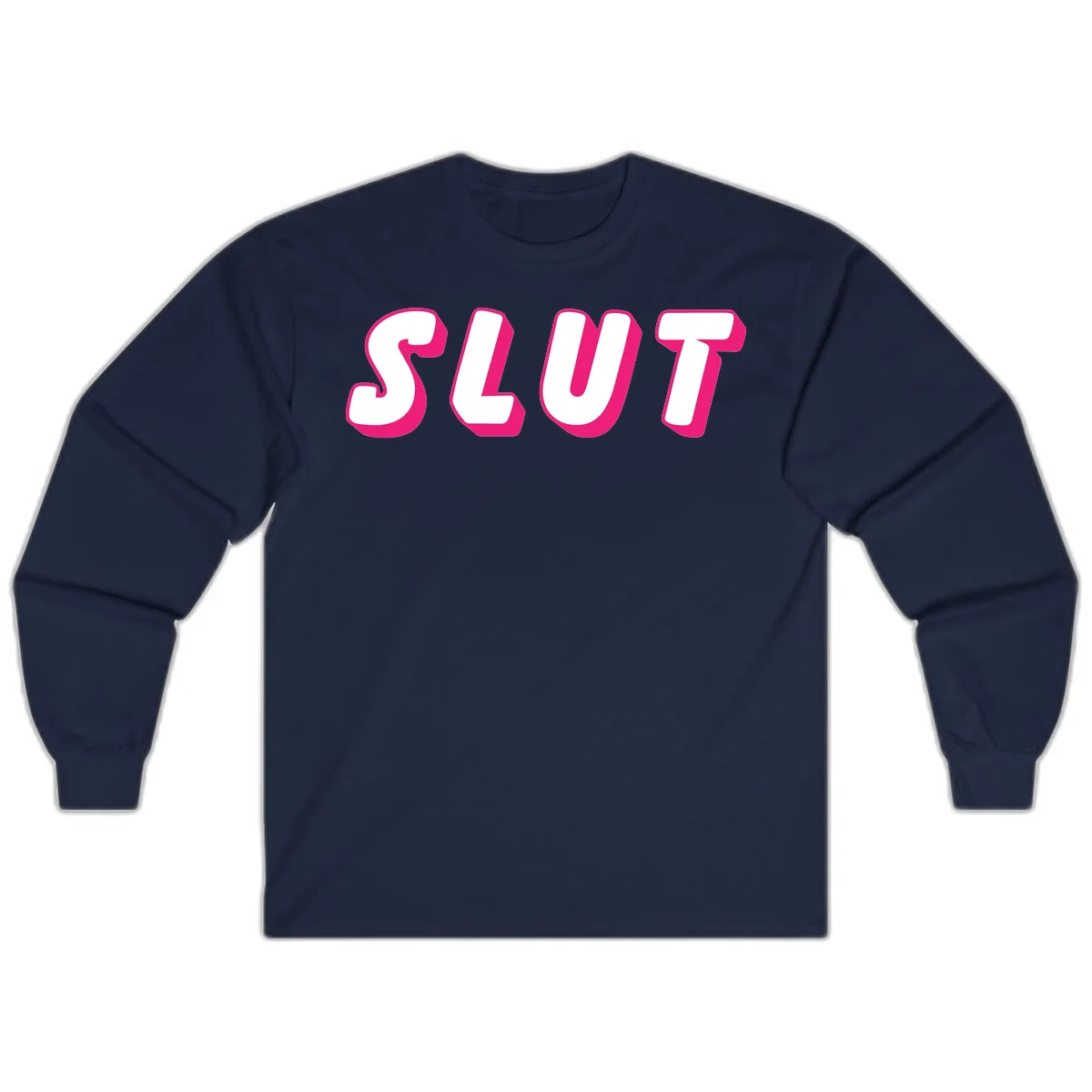 Bold magenta 3D block letters spelling 'SLUT' on gray background, slut-pride-statement design in Navy