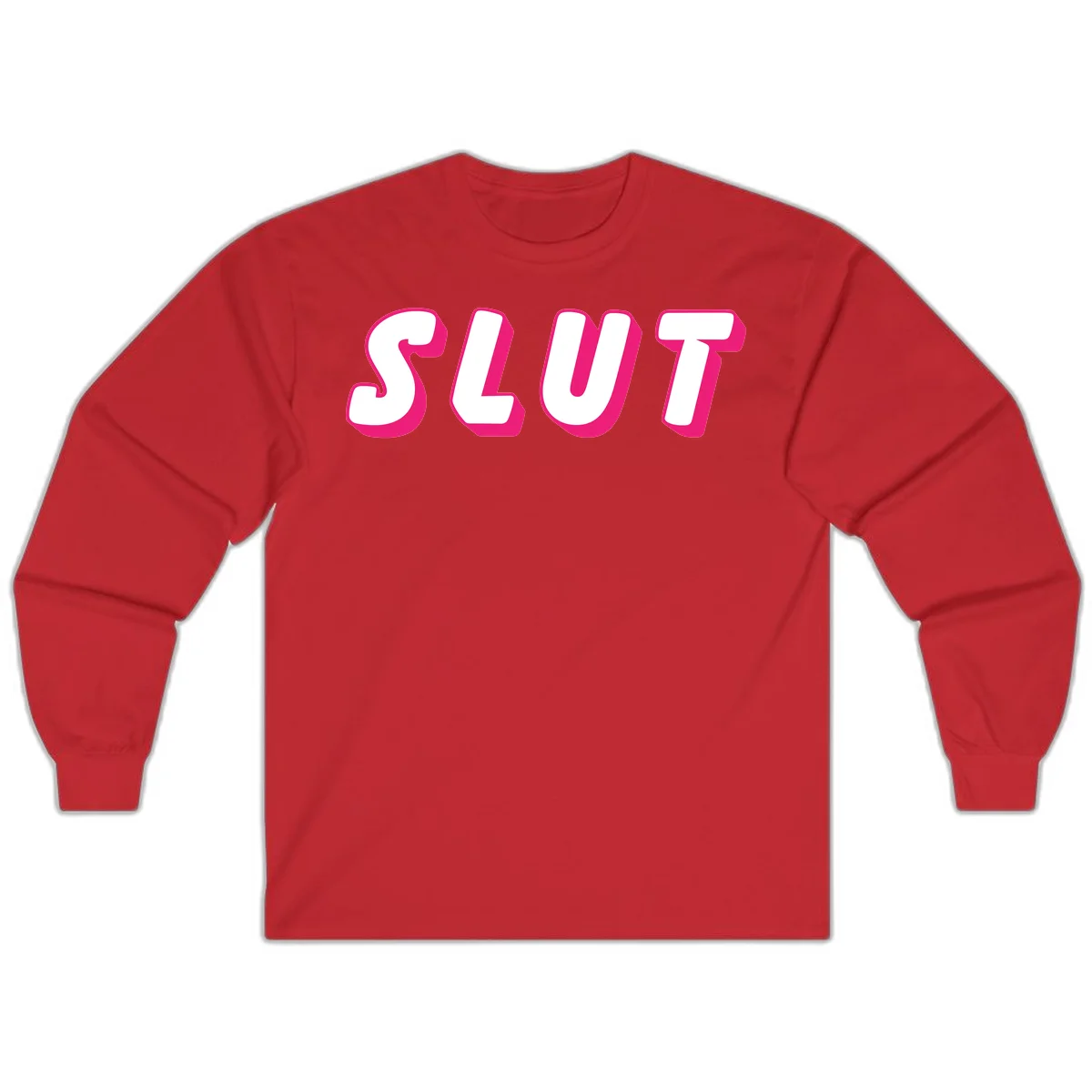 Bold magenta 3D block letters spelling 'SLUT' on gray background, slut-pride-statement design in Red