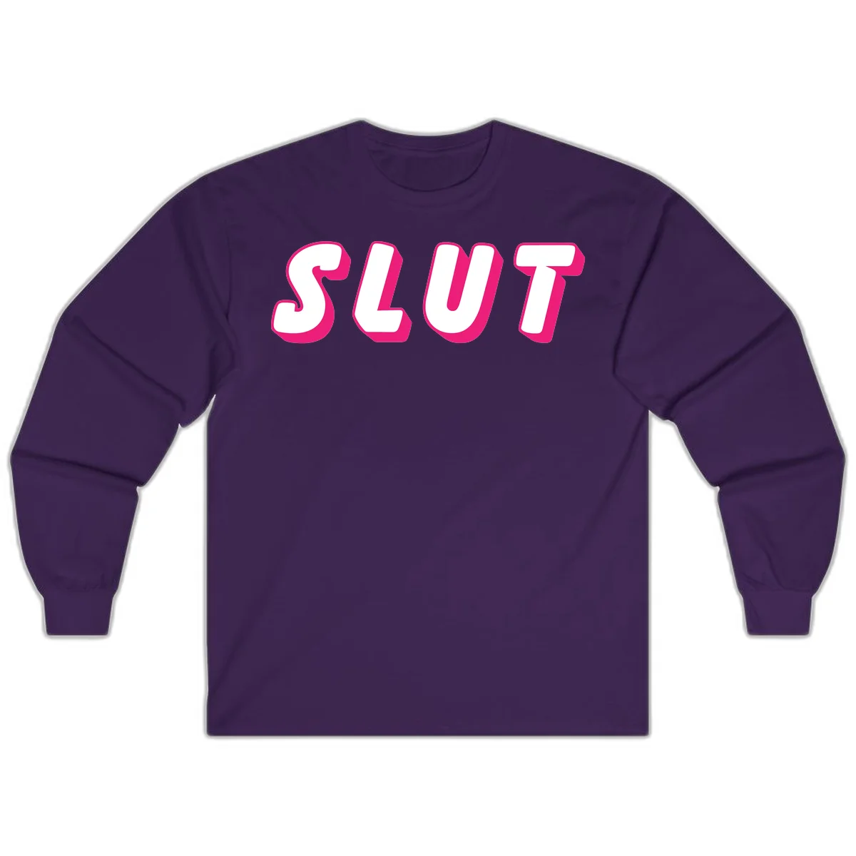 Bold magenta 3D block letters spelling 'SLUT' on gray background, slut-pride-statement design in Purple