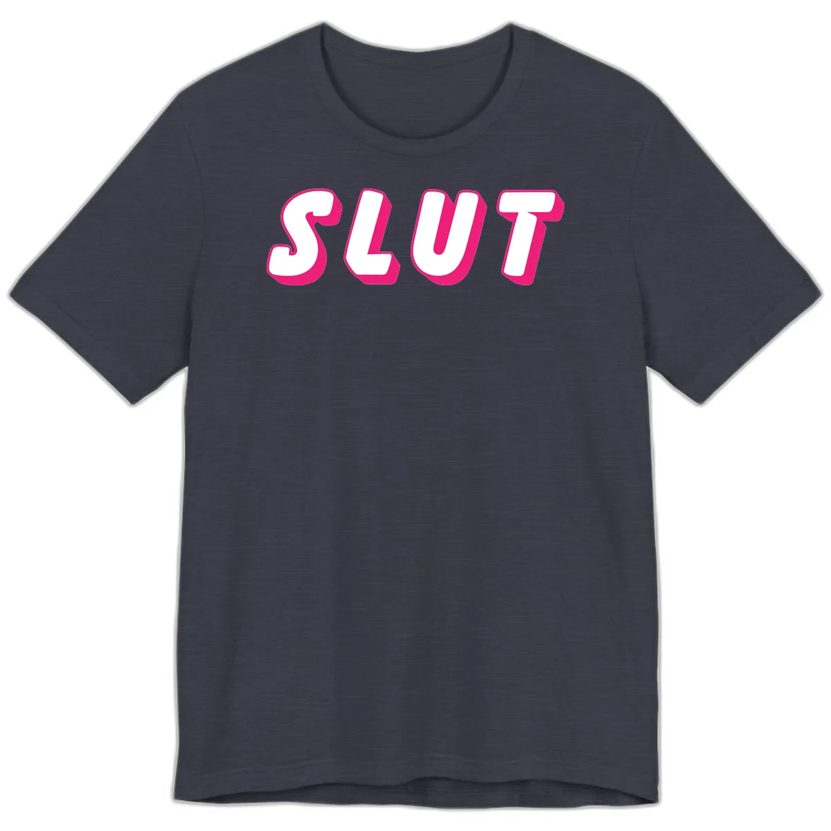 Bold magenta 3D block letters spelling 'SLUT' on gray background, slut-pride-statement design in Heather Midnight Navy