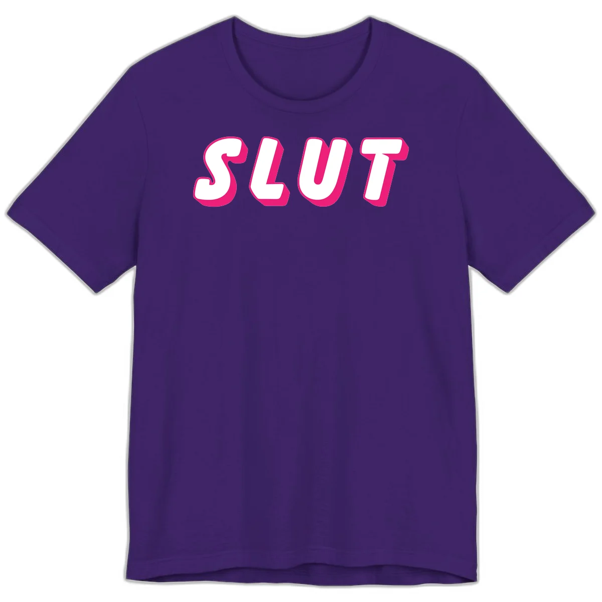 Bold magenta 3D block letters spelling 'SLUT' on gray background, slut-pride-statement design in Team Purple