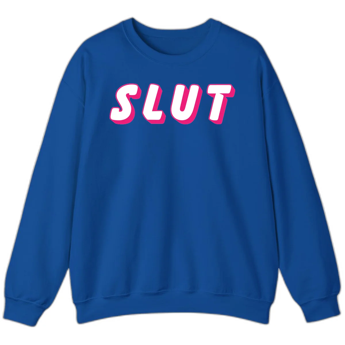 Bold magenta 3D block letters spelling 'SLUT' on gray background, slut-pride-statement design in Royal