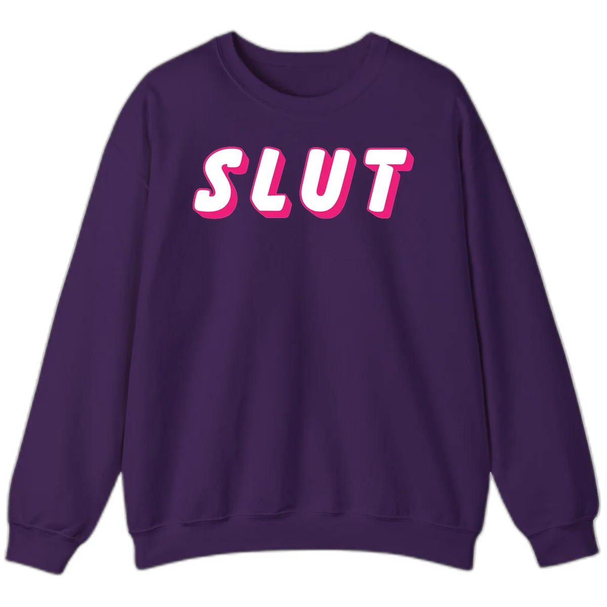 Bold magenta 3D block letters spelling 'SLUT' on gray background, slut-pride-statement design in Purple