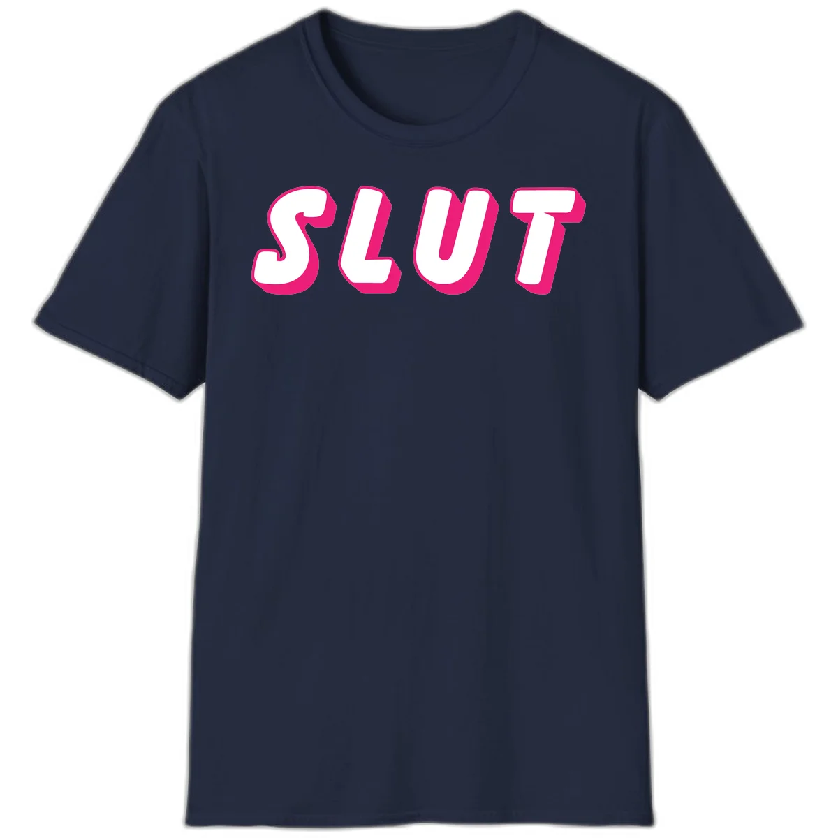 Bold magenta 3D block letters spelling 'SLUT' on gray background, slut-pride-statement design in Navy