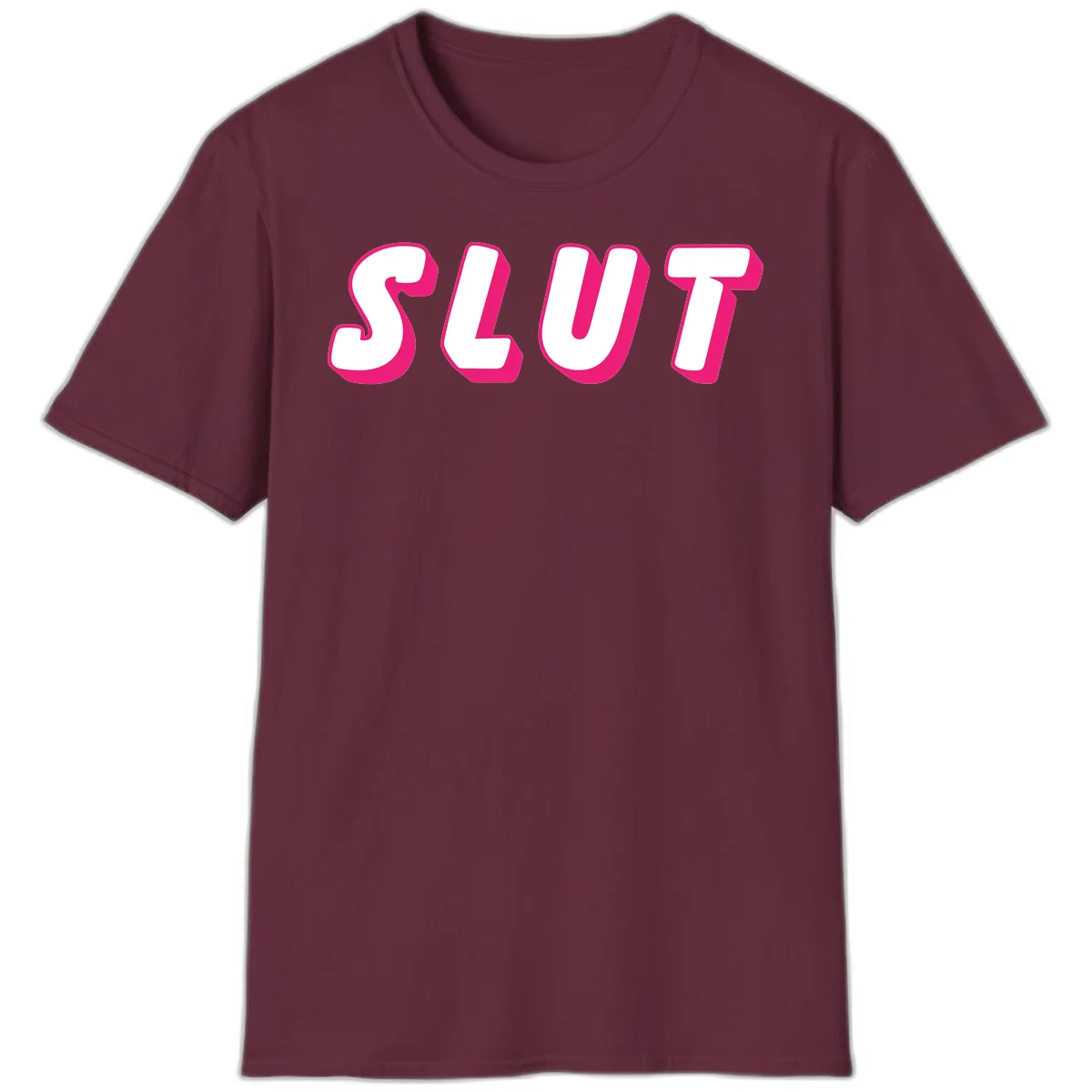 Bold magenta 3D block letters spelling 'SLUT' on gray background, slut-pride-statement design in Maroon