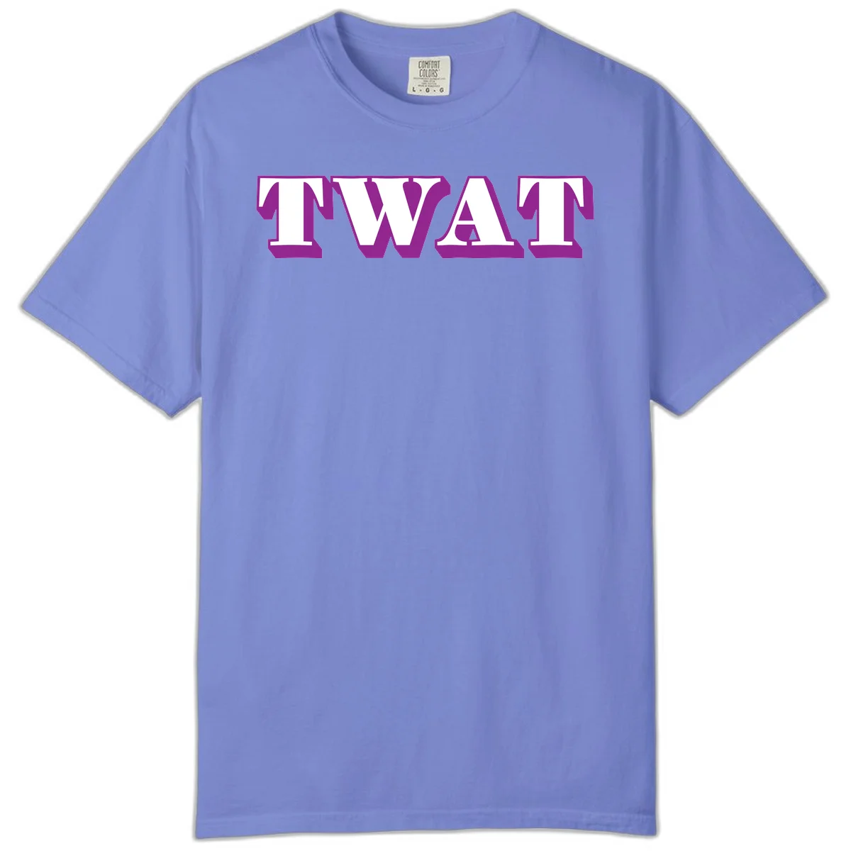 Bold purple TWAT typography design with geometric lettering and white fill on gray background in Flo Blue