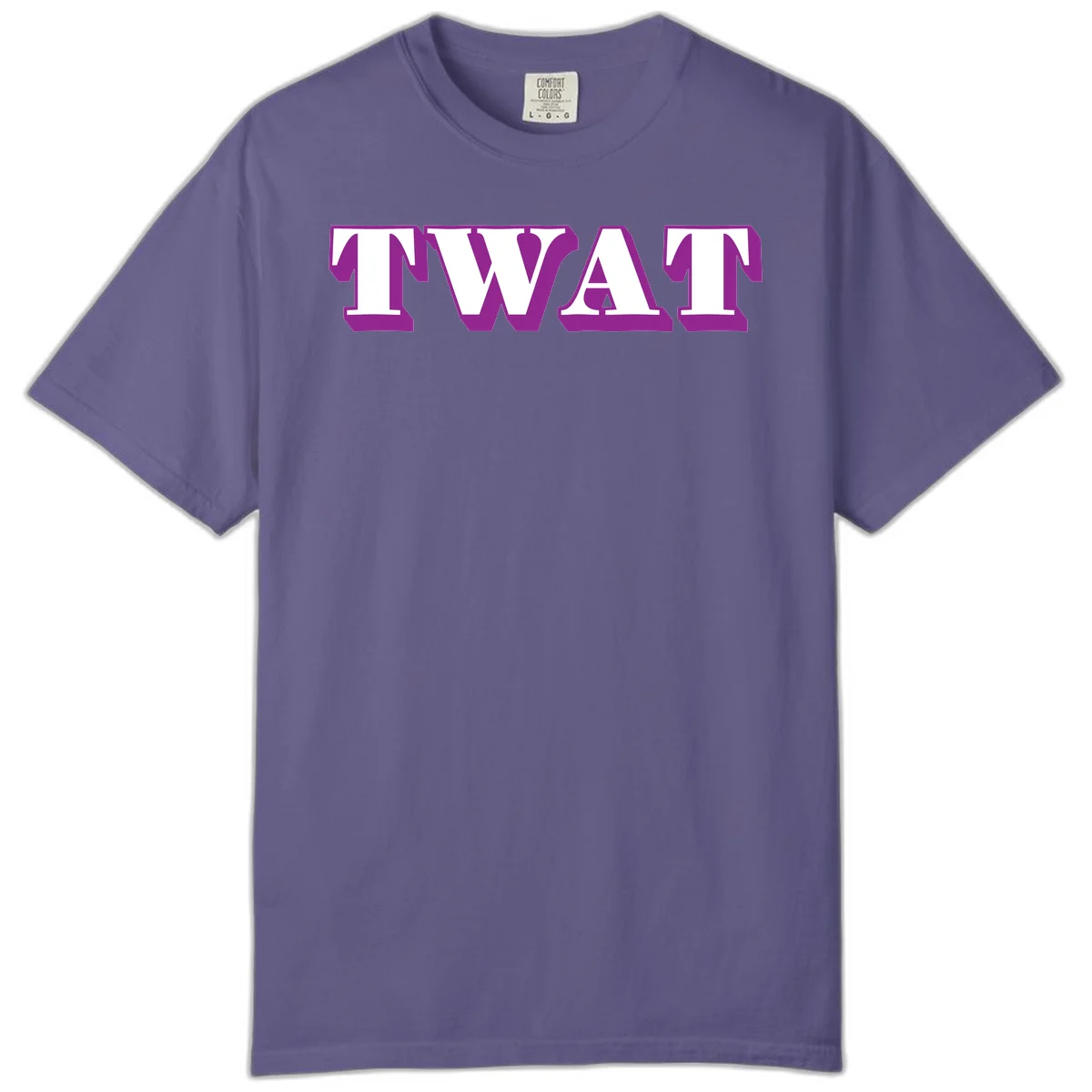 Bold purple TWAT typography design with geometric lettering and white fill on gray background in Grape