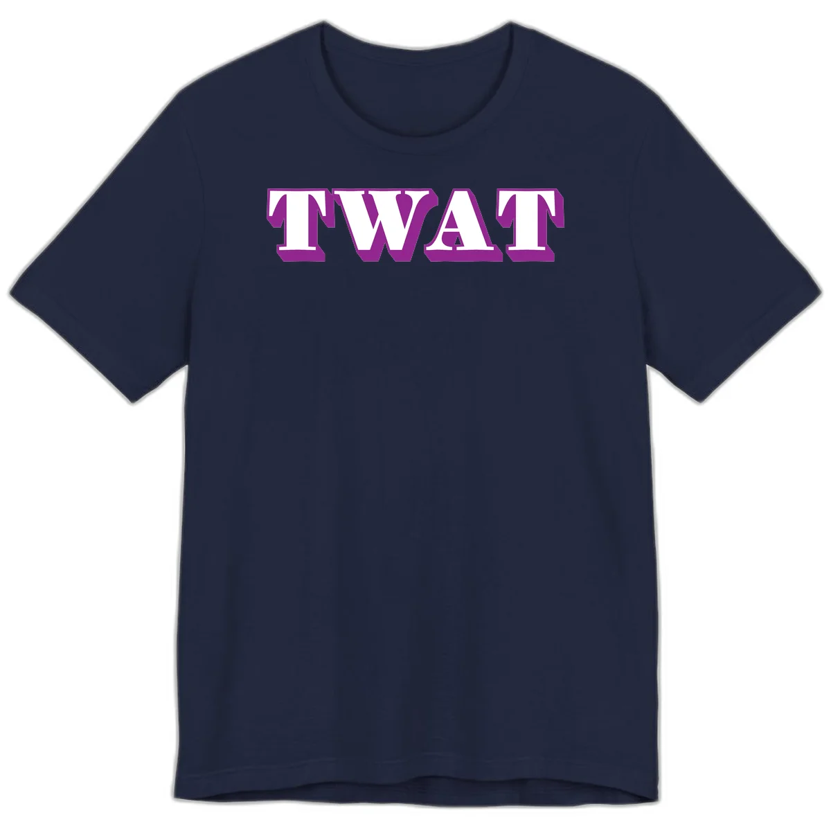 Bold purple TWAT typography design with geometric lettering and white fill on gray background in Navy