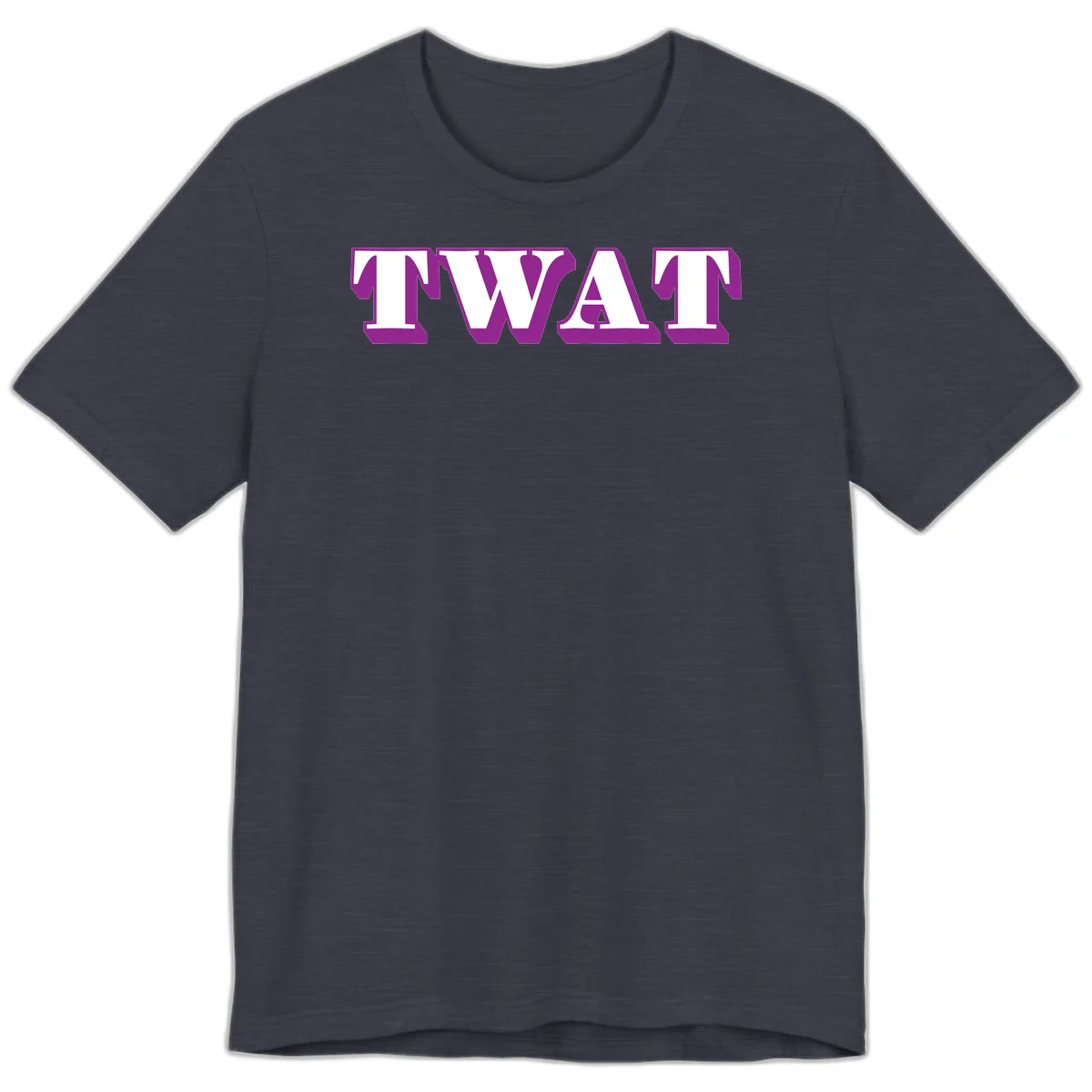 Bold purple TWAT typography design with geometric lettering and white fill on gray background in Heather Midnight Navy