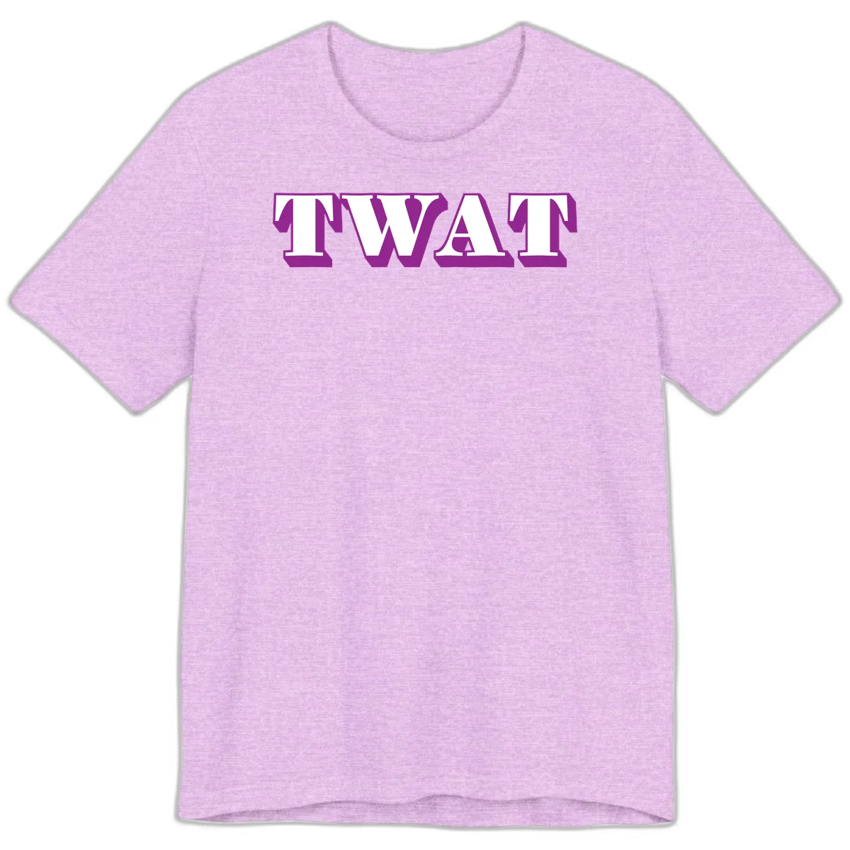 Bold purple TWAT typography design with geometric lettering and white fill on gray background in Heather Prism Lilac