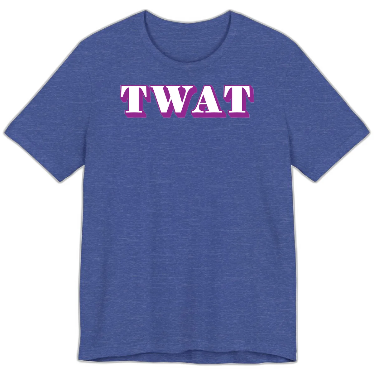 Bold purple TWAT typography design with geometric lettering and white fill on gray background in Heather True Royal