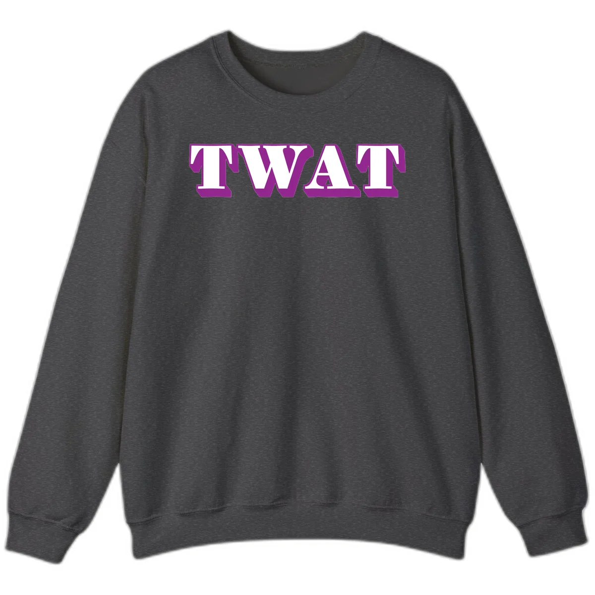 Bold purple TWAT typography design with geometric lettering and white fill on gray background in Dark Heather