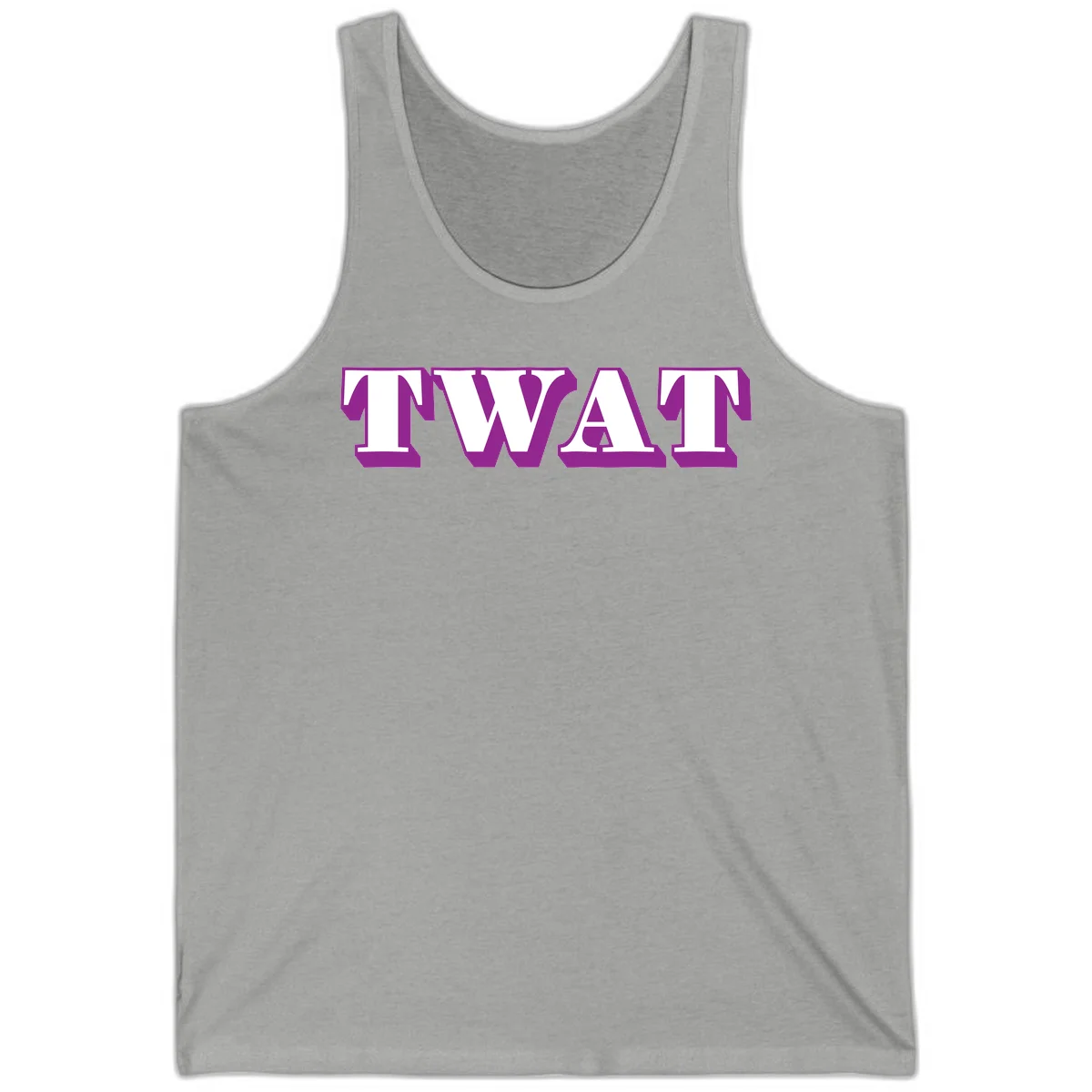 Bold purple TWAT typography design with geometric lettering and white fill on gray background in Athletic Heather