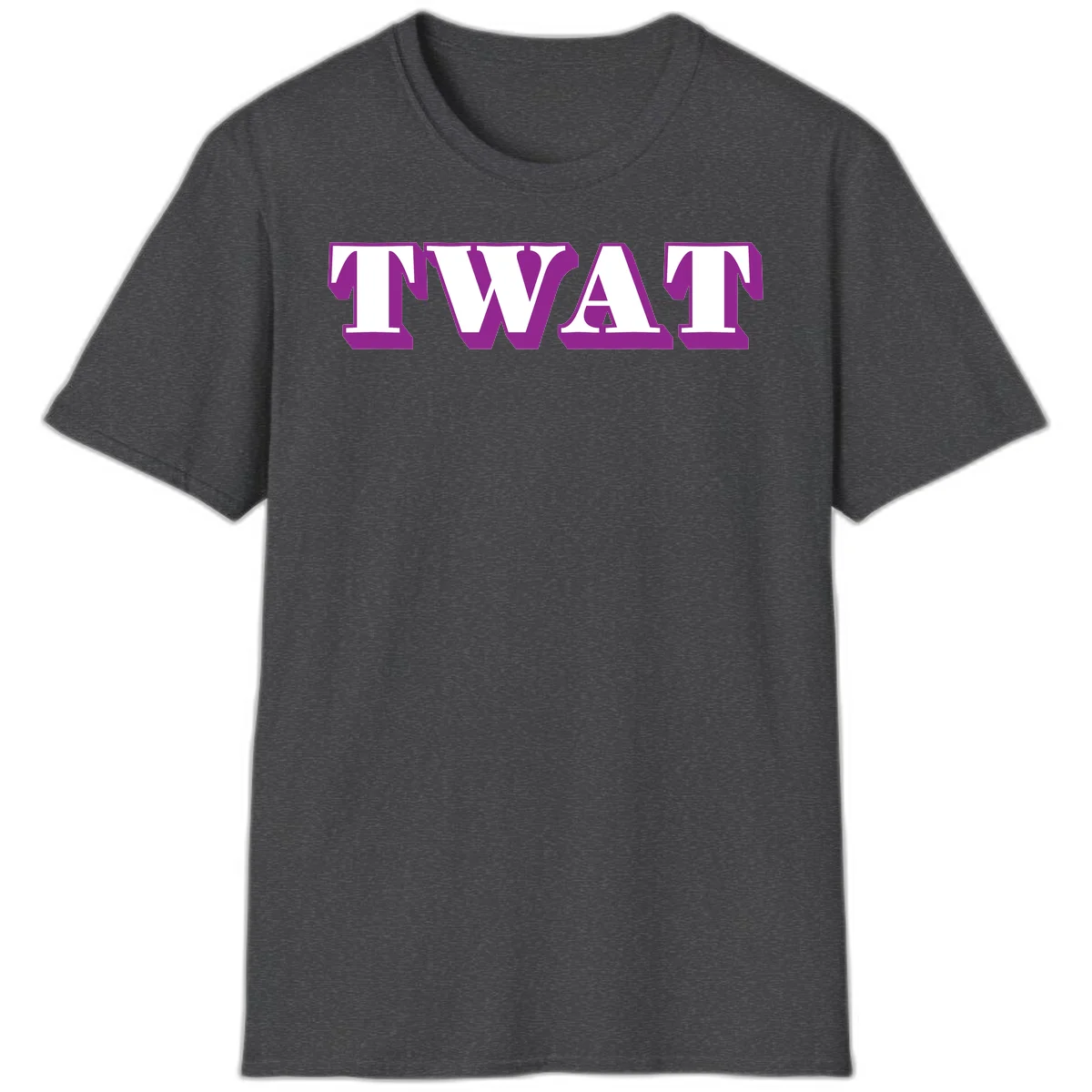 Bold purple TWAT typography design with geometric lettering and white fill on gray background in Dark Heather