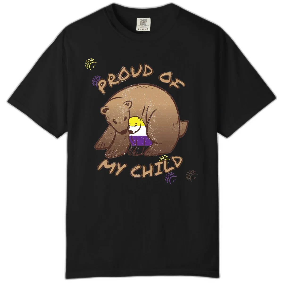 Illustration of a large brown bear's head in profile containing a small figure wearing pride flag colors, with text reading 'Proud As Child' in Black