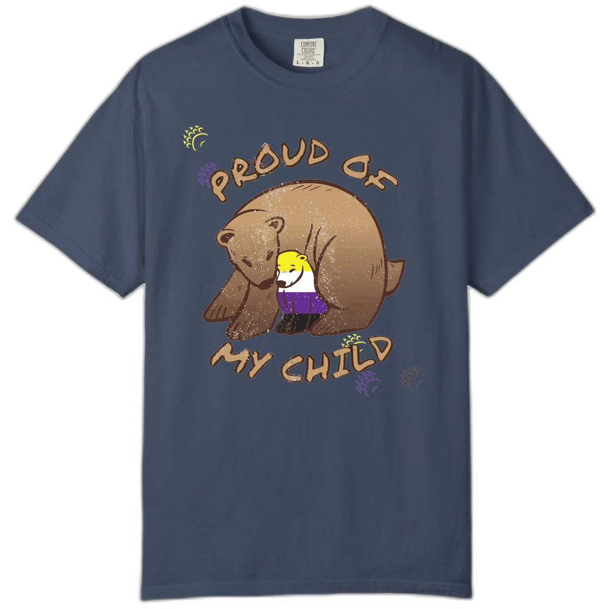 Illustration of a large brown bear's head in profile containing a small figure wearing pride flag colors, with text reading 'Proud As Child' in Midnight