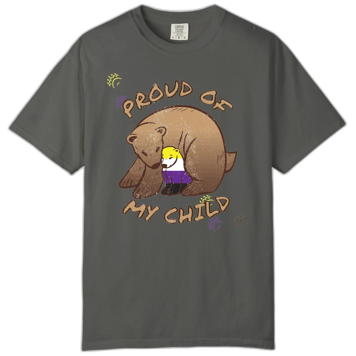 Illustration of a large brown bear's head in profile containing a small figure wearing pride flag colors, with text reading 'Proud As Child' in Pepper