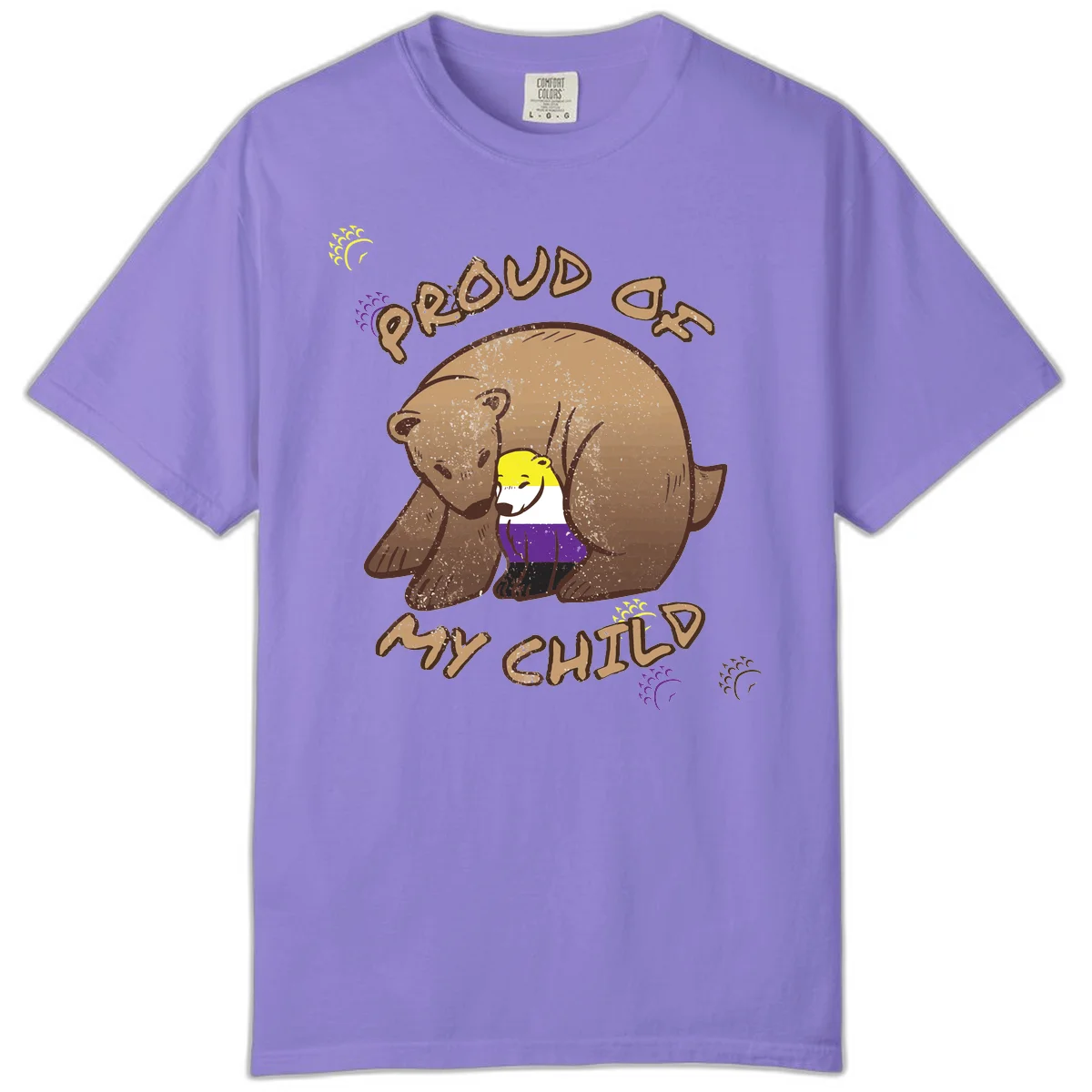Illustration of a large brown bear's head in profile containing a small figure wearing pride flag colors, with text reading 'Proud As Child' in Violet