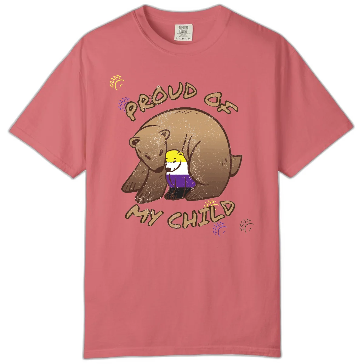 Illustration of a large brown bear's head in profile containing a small figure wearing pride flag colors, with text reading 'Proud As Child' in Watermelon