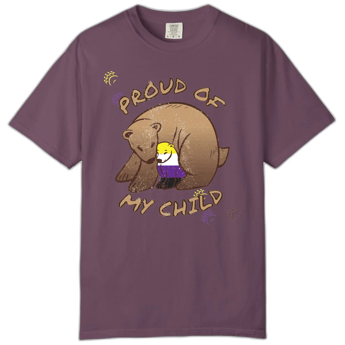 Illustration of a large brown bear's head in profile containing a small figure wearing pride flag colors, with text reading 'Proud As Child' in Berry