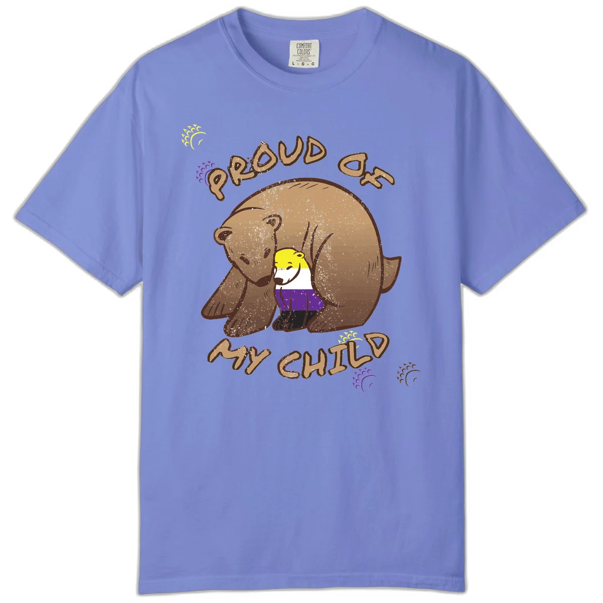 Illustration of a large brown bear's head in profile containing a small figure wearing pride flag colors, with text reading 'Proud As Child' in Flo Blue