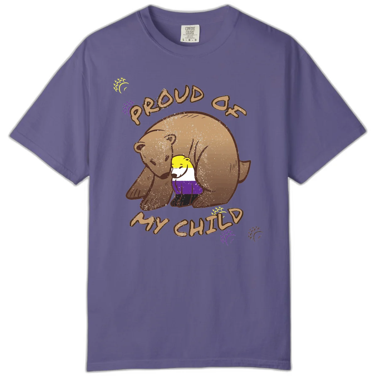 Illustration of a large brown bear's head in profile containing a small figure wearing pride flag colors, with text reading 'Proud As Child' in Grape