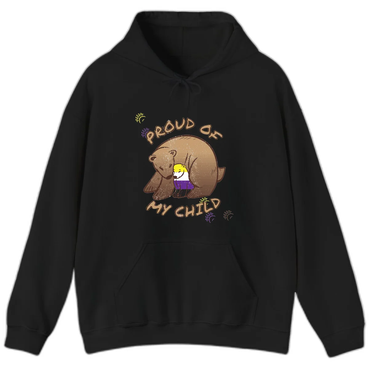 Illustration of a large brown bear's head in profile containing a small figure wearing pride flag colors, with text reading 'Proud As Child' in Black