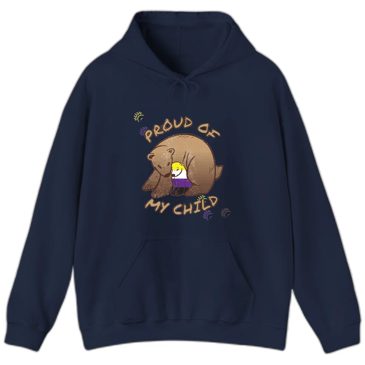 Illustration of a large brown bear's head in profile containing a small figure wearing pride flag colors, with text reading 'Proud As Child' in Navy