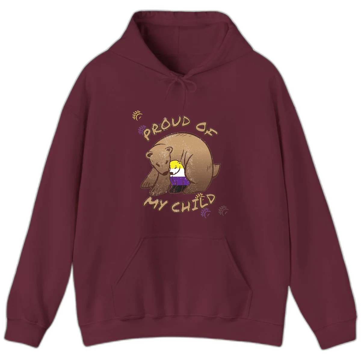 Illustration of a large brown bear's head in profile containing a small figure wearing pride flag colors, with text reading 'Proud As Child' in Maroon
