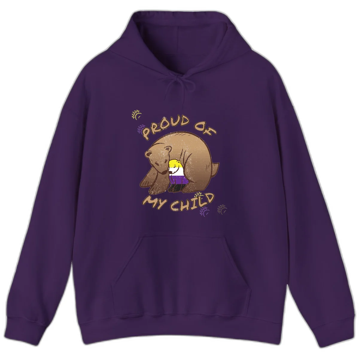 Illustration of a large brown bear's head in profile containing a small figure wearing pride flag colors, with text reading 'Proud As Child' in Purple