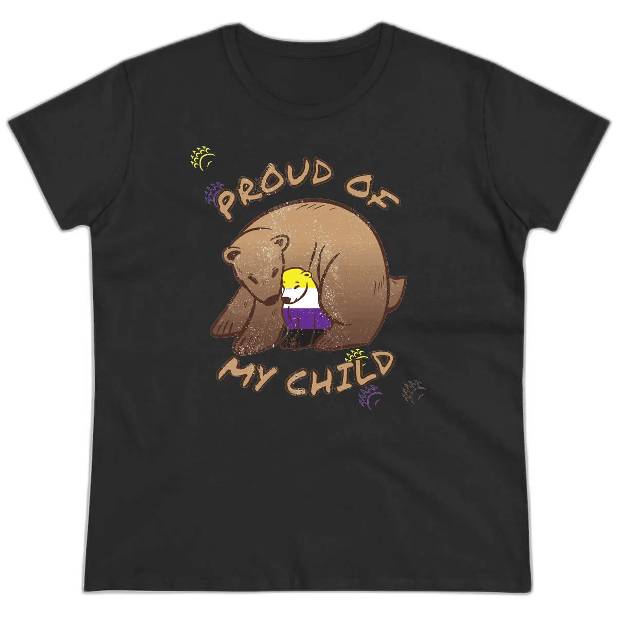 Illustration of a large brown bear's head in profile containing a small figure wearing pride flag colors, with text reading 'Proud As Child' in Black