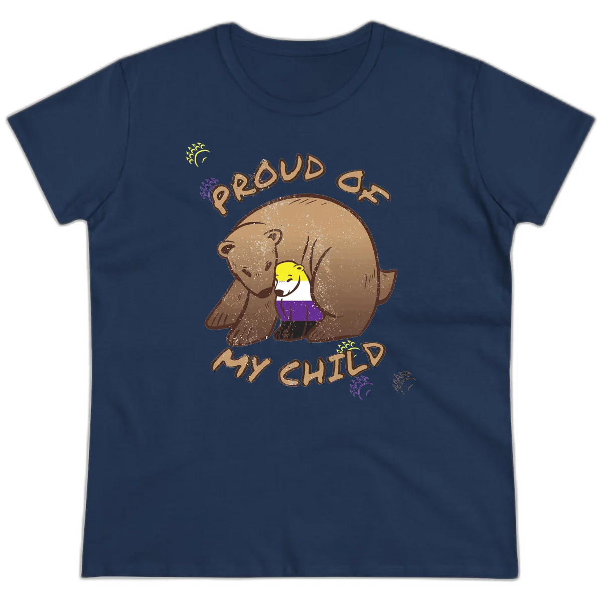 Illustration of a large brown bear's head in profile containing a small figure wearing pride flag colors, with text reading 'Proud As Child' in Navy