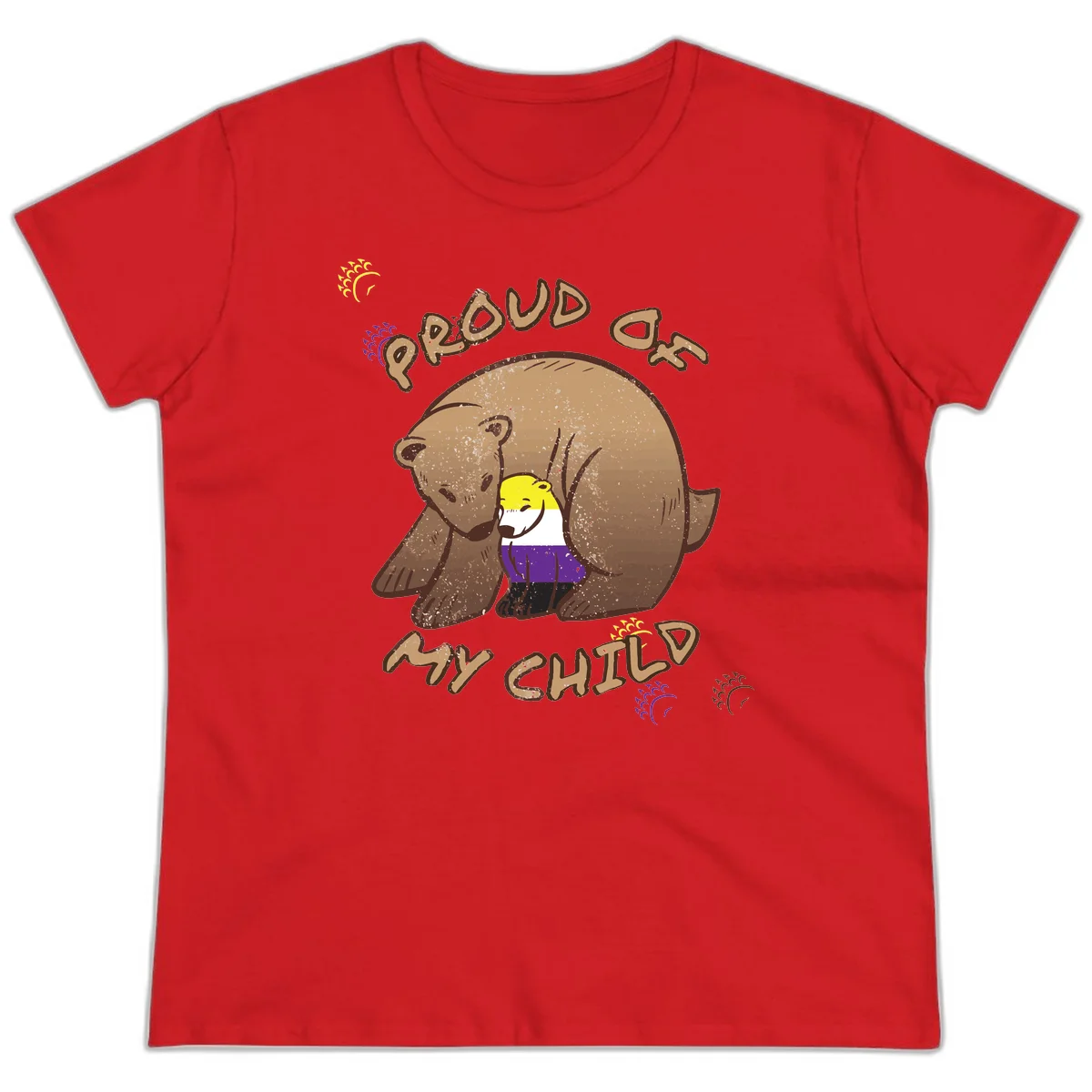 Illustration of a large brown bear's head in profile containing a small figure wearing pride flag colors, with text reading 'Proud As Child' in Red
