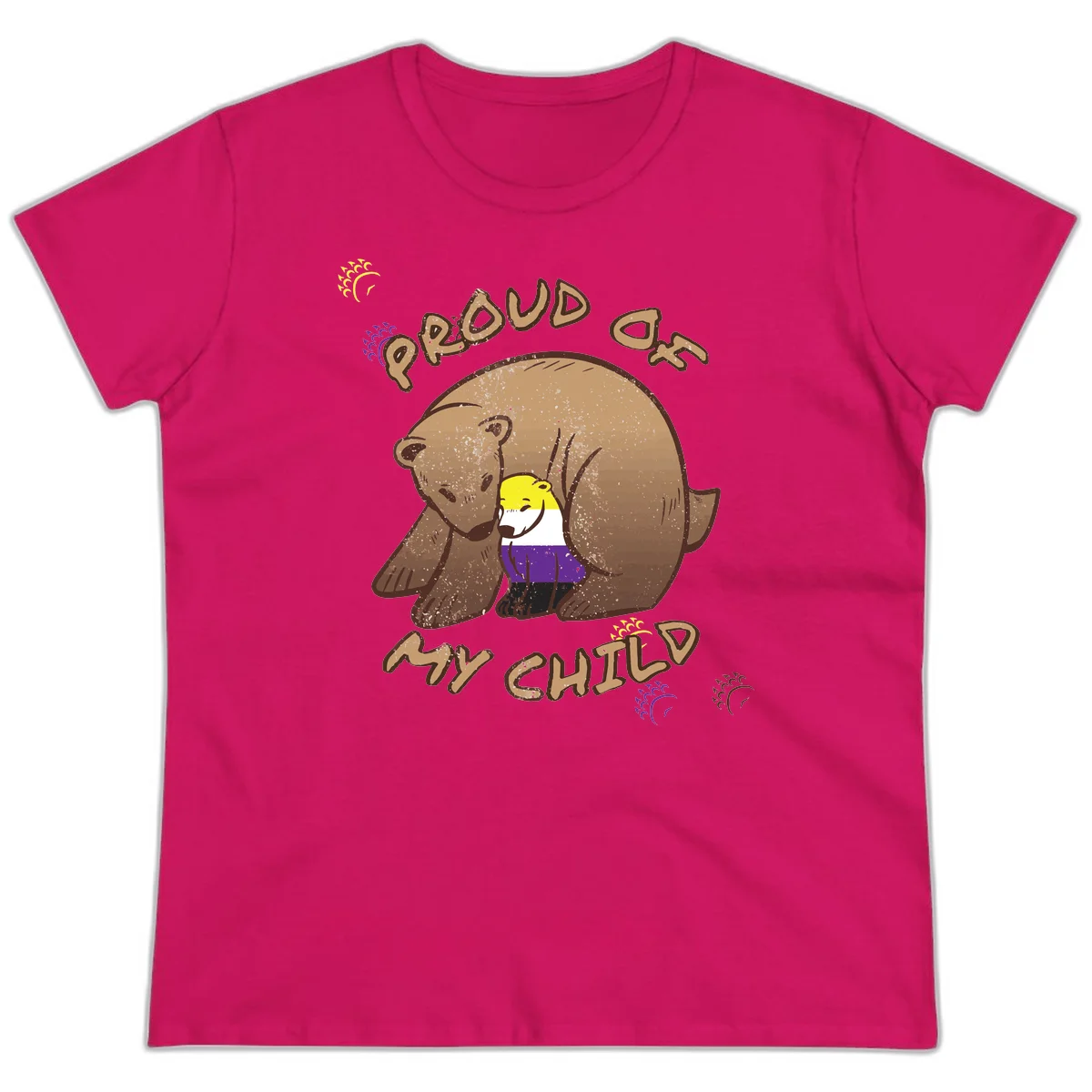 Illustration of a large brown bear's head in profile containing a small figure wearing pride flag colors, with text reading 'Proud As Child' in Heliconia