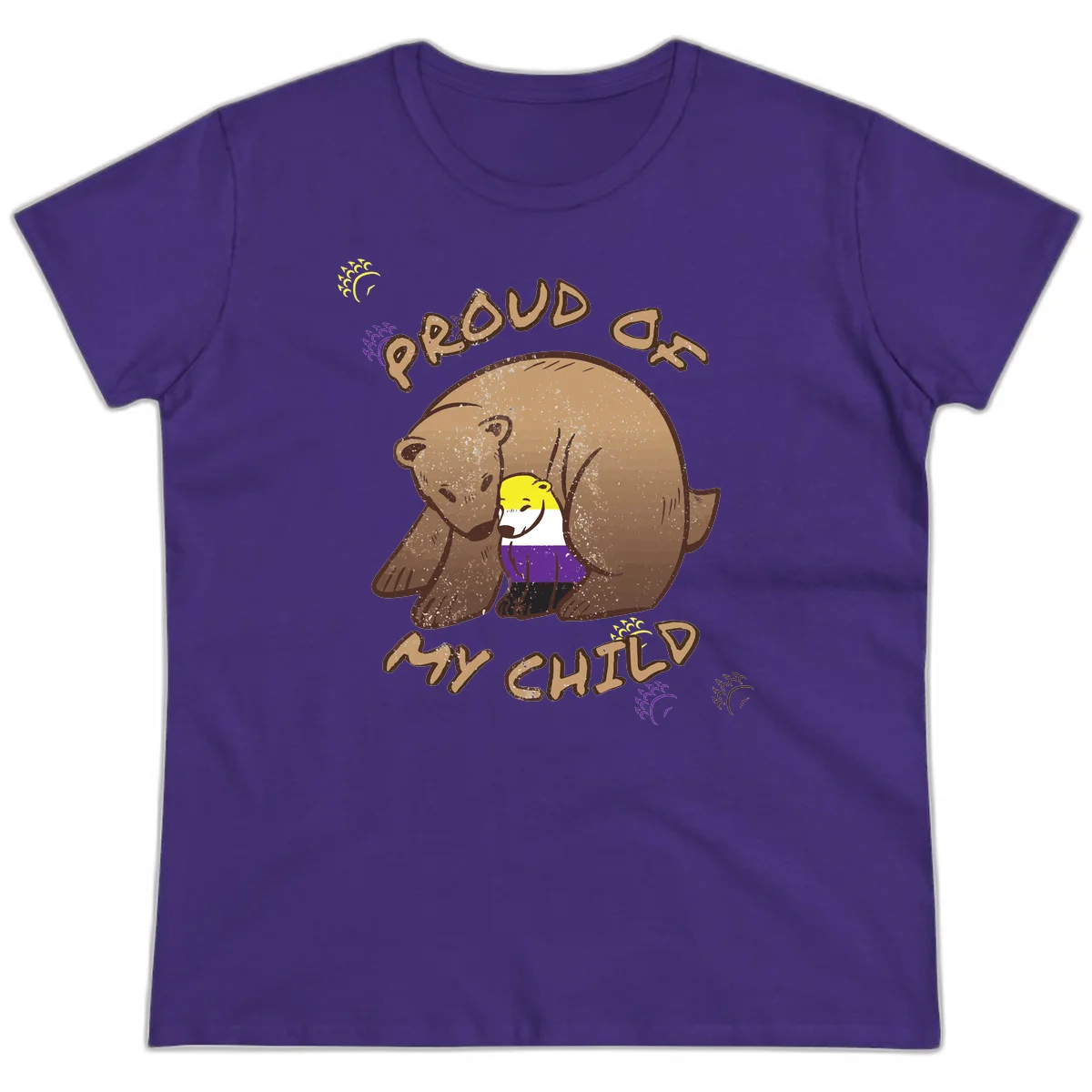 Illustration of a large brown bear's head in profile containing a small figure wearing pride flag colors, with text reading 'Proud As Child' in Purple