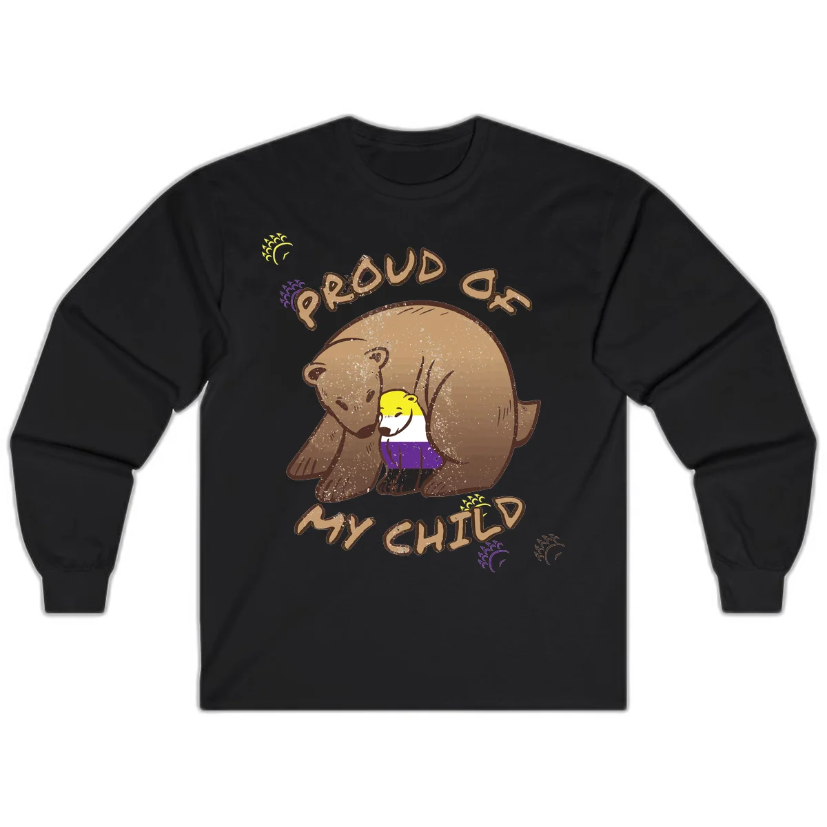 Illustration of a large brown bear's head in profile containing a small figure wearing pride flag colors, with text reading 'Proud As Child' in Black