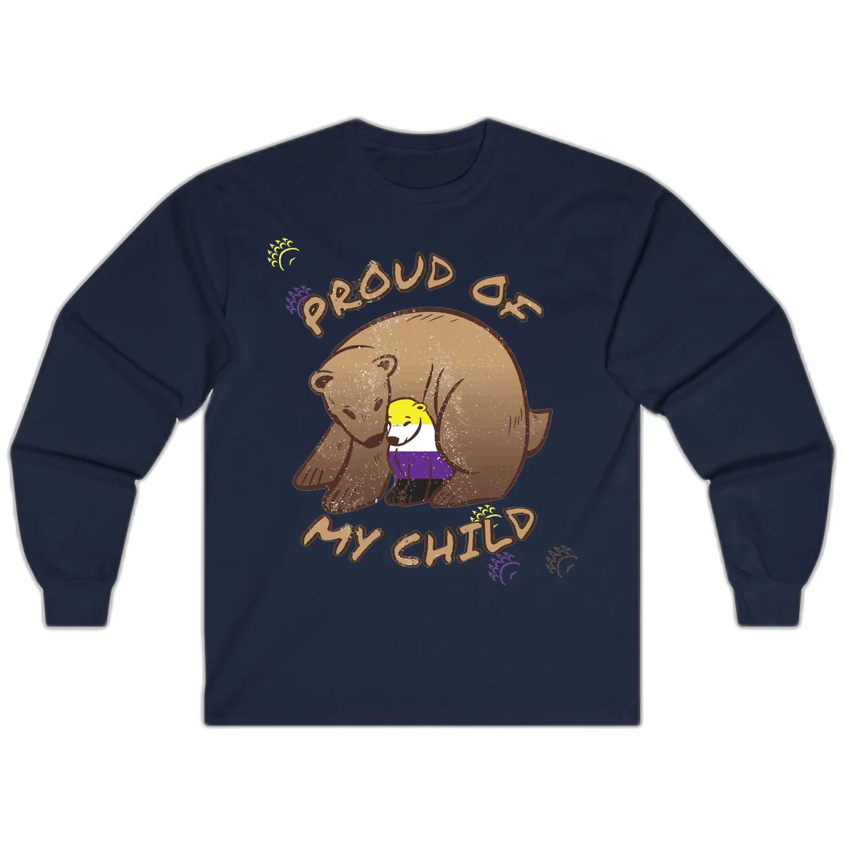 Illustration of a large brown bear's head in profile containing a small figure wearing pride flag colors, with text reading 'Proud As Child' in Navy