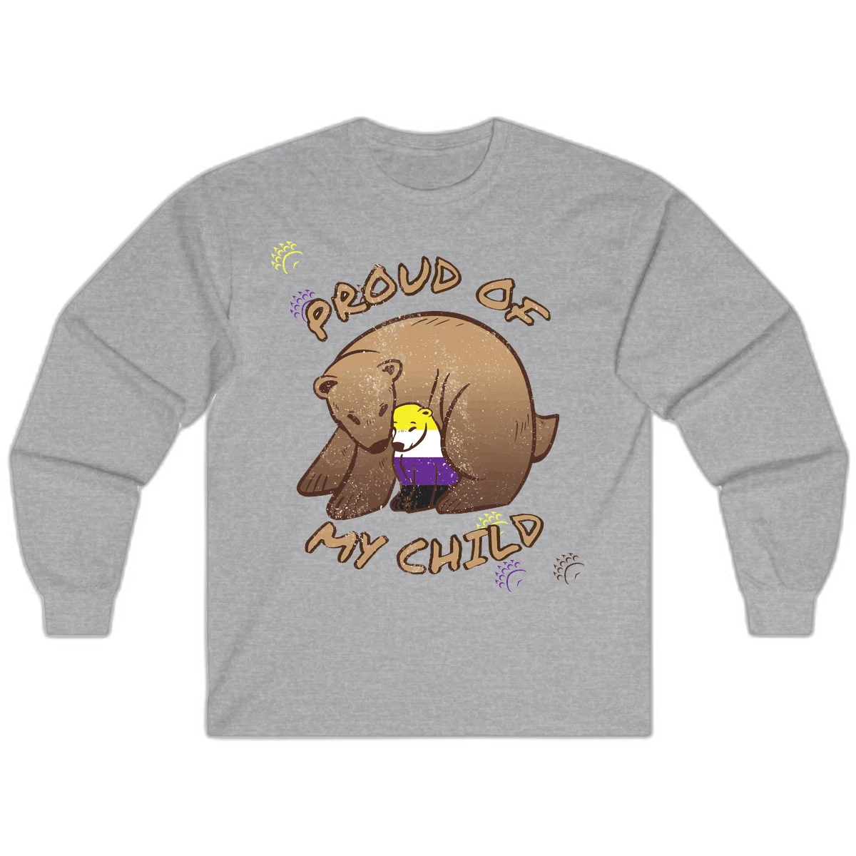 Illustration of a large brown bear's head in profile containing a small figure wearing pride flag colors, with text reading 'Proud As Child' in Sport Grey